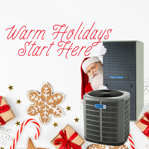 Santa Claus peeking behind an American Standard furnace next to an outdoor air conditioning unit