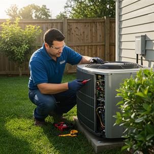 Professional HVAC technician performing AC maintenance and repair on residential unit before fall.