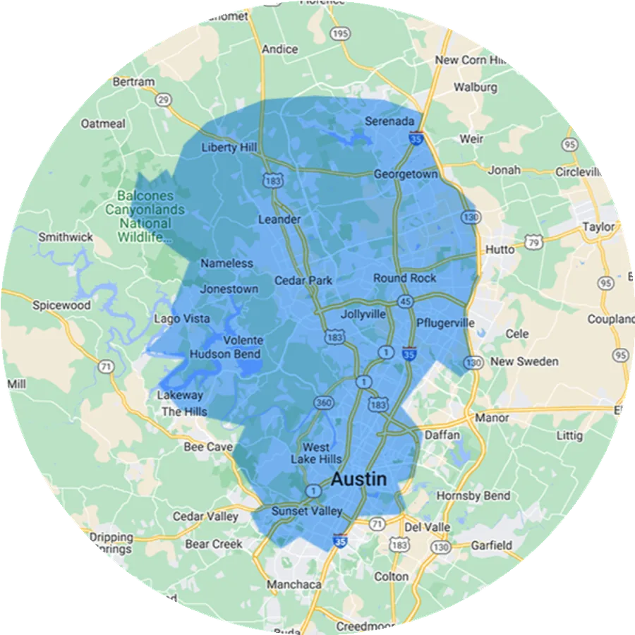 Service area map of Cedar Park, Austin, Round Rock and surrounding cities